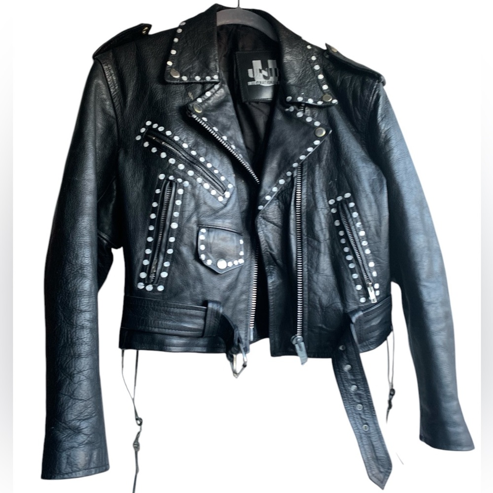 Vintage Black Leather Jacket Coat Artist Signed Mary Shell Fairy Painting Back
